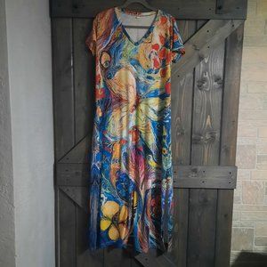 Butterfly Bird Painting Long Maxi Stretchy Dress L